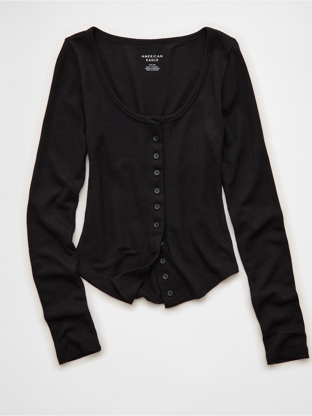 AE Women’s Waffle Long Sleeve Button-Up Tee, Black, Large